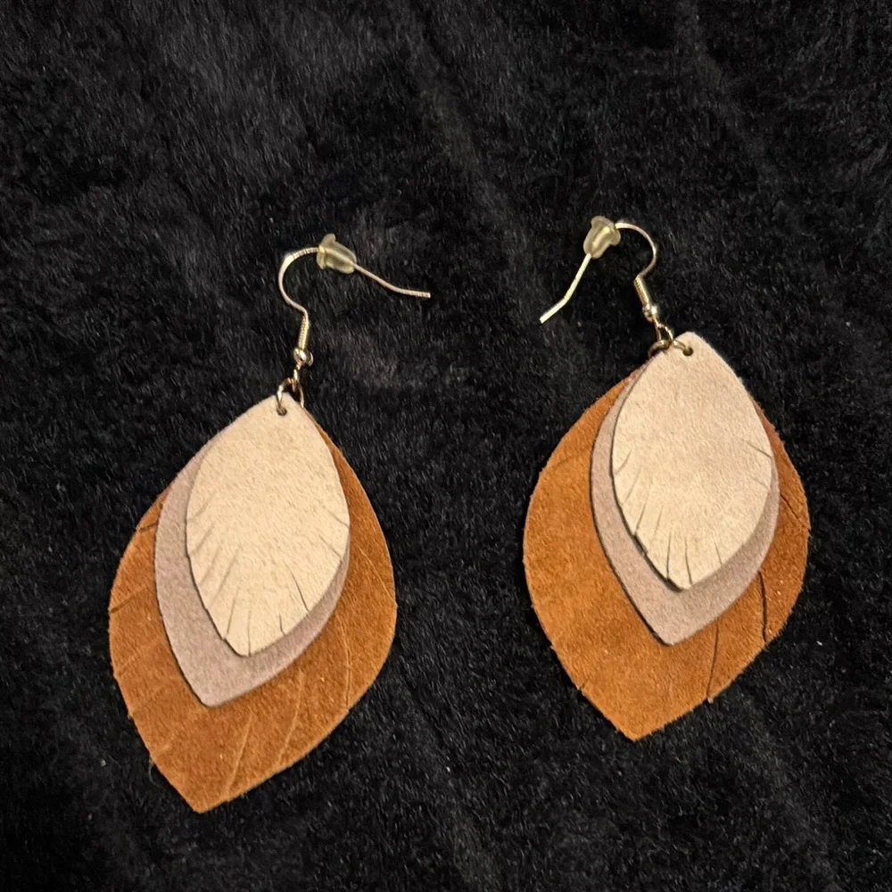 Elegant leather suede Brown and Tan feather earrings casual dangle earrings leaf